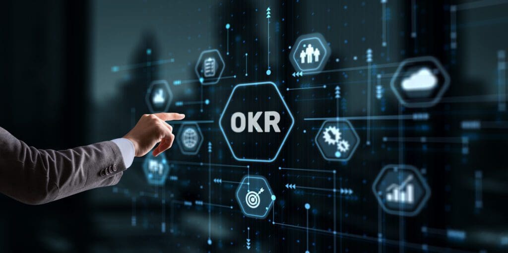 OKR Objective key result business technology finance concept on virtual screen