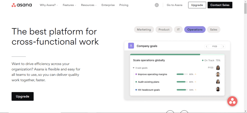 The homepage of one of the best OKR software tools - Asana