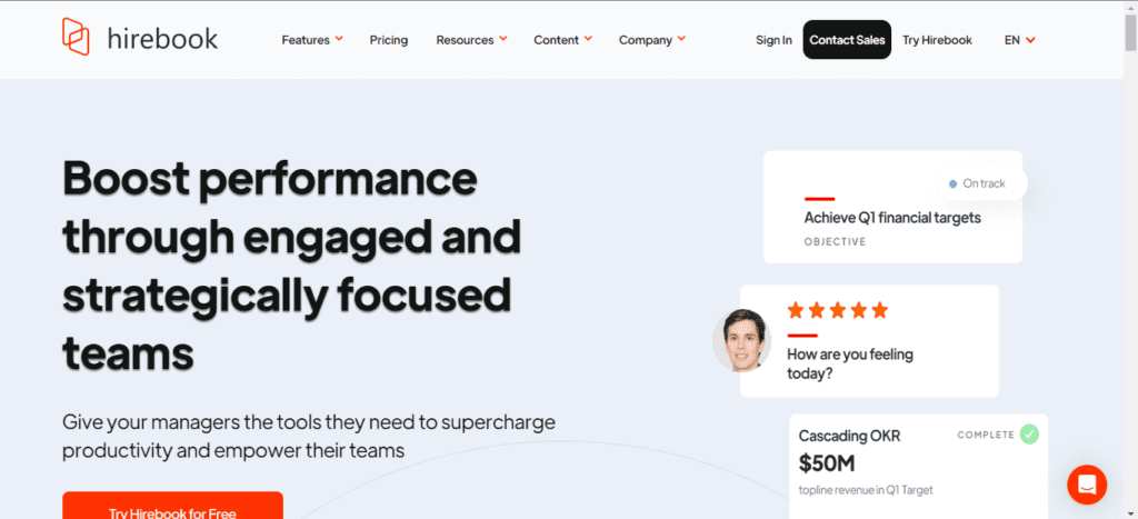 the homepage of the best OKR software, Hirebook.
