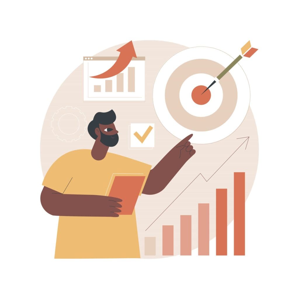 An illustration of a man pointing towards a target objective in the OKR